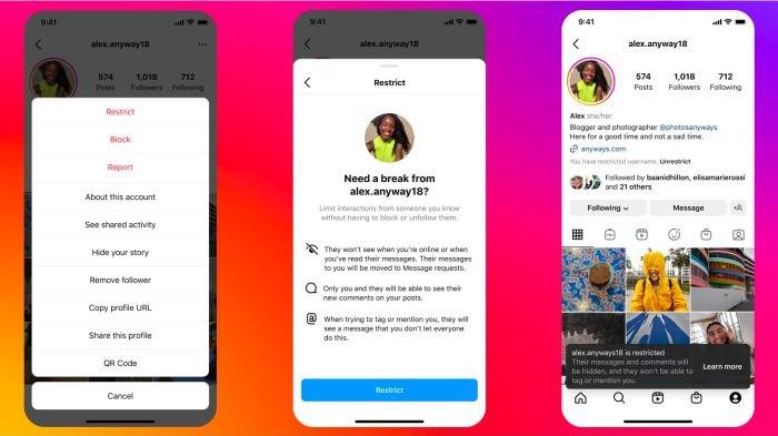 Restrict bisa dipakai untuk membatasi interaksi dari akun-akun tertentu yang dipilih di Instagram