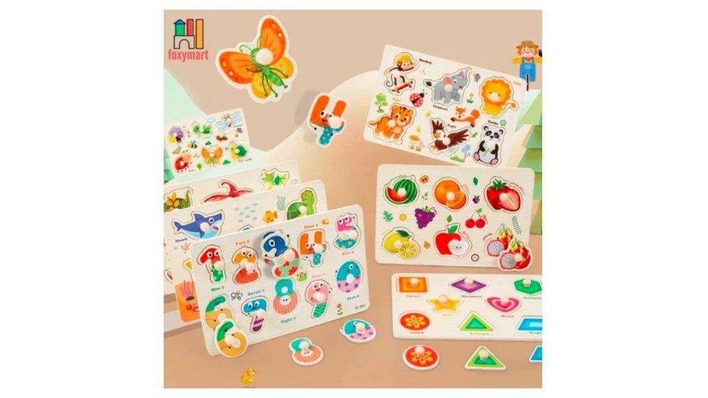 foxymart - Papan Jamur Puzzle Puzzle Knob Papan Pencocokan Huruf Nomor Kayu Puzzle Anak Mainan