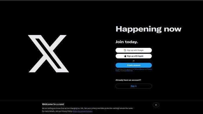 Tangkapan layar halaman awal media sosial X menampilkan pop-up notifikasi yang berisi perubahan URL menjadi x.com