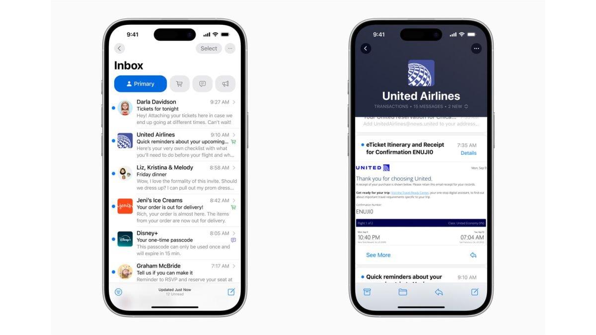 Ilustrasi kategorisasi pesan email di Mail iOS 18