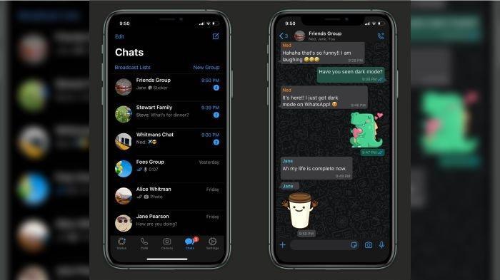 Ilustrasi tampilan gelap atau dark mode WhatsApp di iPhone