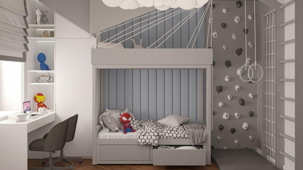 ilustrasi kamar anak dengan warna abu abu pastel yang mudah dipadukan dengan beragam perintilan.