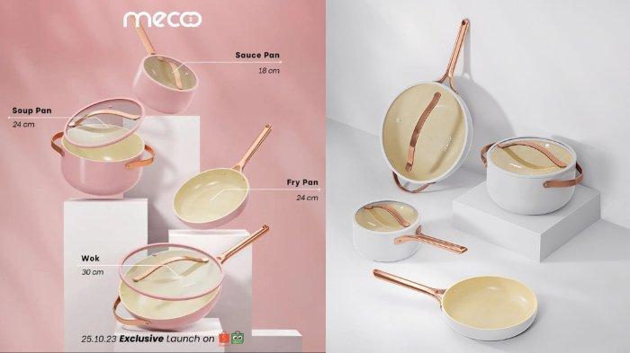 Ilustrasi Mecoo Most Aesthetic Premium Non-stick Cookware dengan 3 pilihan warna aesthetic.