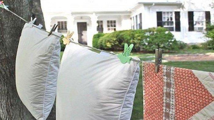 Ilustrasi menjemur bantal di bawah sinar matahari untuk mengatasi noda, bau dan jamur yang menempel.