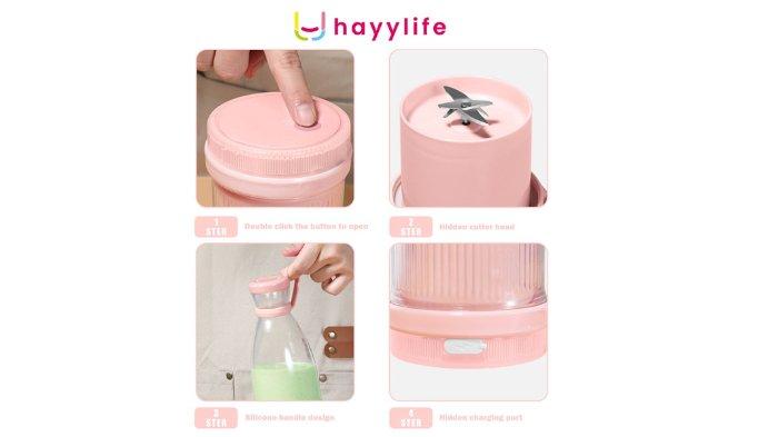 Ilustrasi penggunaan HAYYLIFE Juicer Blender Cup Portable secara mudah.