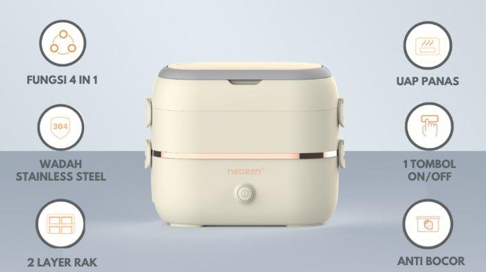 Ilustrasi penggunaan Neozen Electric Lunch Box dengan 4 fungsi dalam 1 alat.
