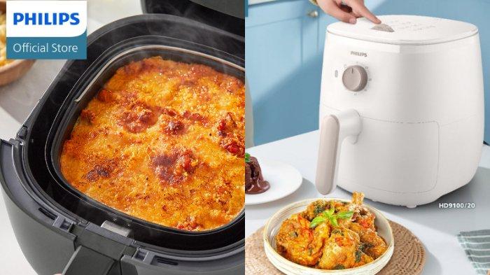 Ilustrasi penggunaan PHILIPS Air Fryer HD9100/20 untuk beragam menu rendah lemak.