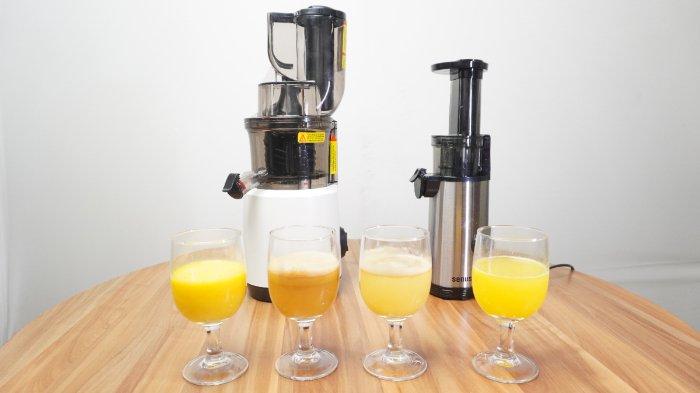 Ilustrasi hasil penggunaan Senus Mini Slow Juicer dan Senus Slow Juicer Pro untuk memeras aneka buah secara praktis.
