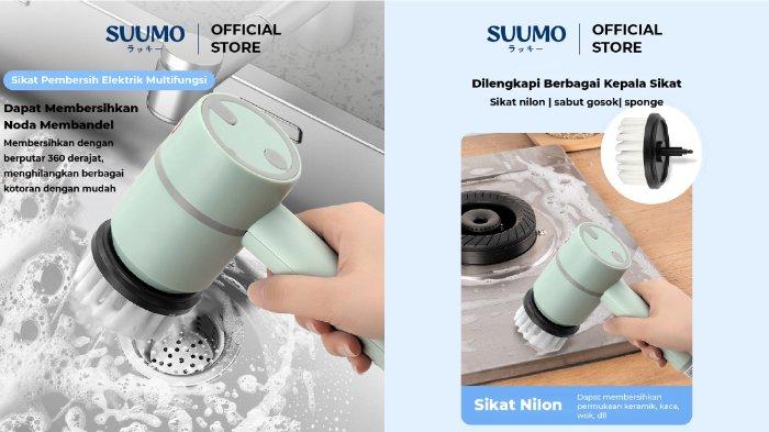 Ilustrasi penggunaan Suumo Sikat Pembersih Elektrik untuk membersihkan berbagai permukaan.