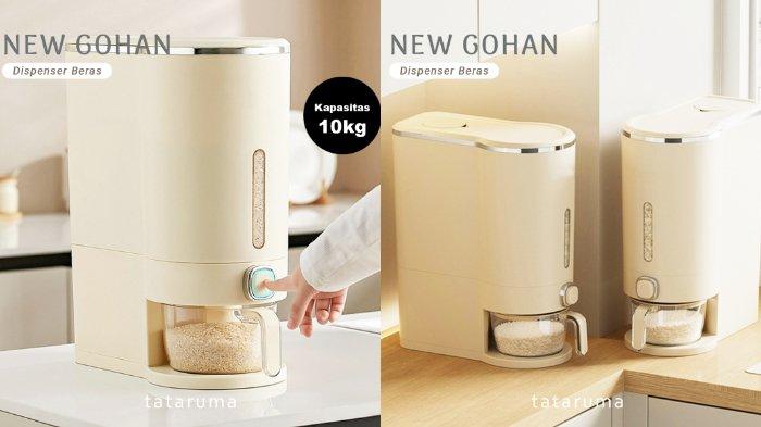 Ilustrasi penggunaan TATARUMA New Gohan Dispenser Beras 10kg untuk penyimpanan yang lebih terjaga.