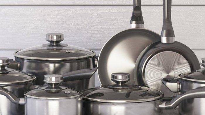 Ilustrasi peralatan masak stainless steel yang tertata