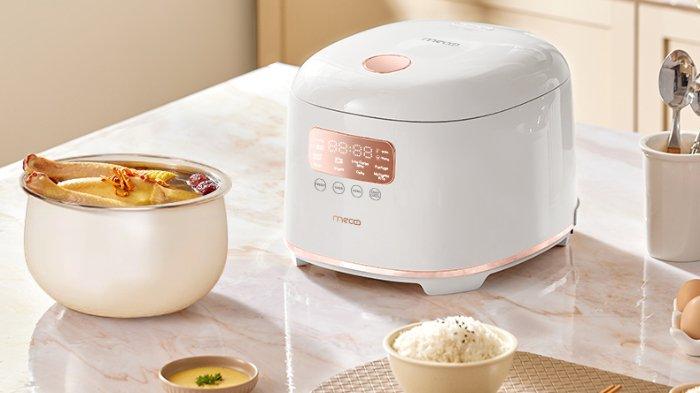 Ilustrasi produk Mecoo Most Aesthetic Rice Cooker UltraWarmth 48H dengan teknologi canggih di dalamnya.