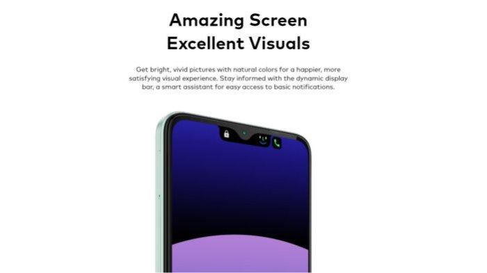 Sisi muka itel A70 didukung fitur Dynamic Bar dan kamera selfie 8 MP