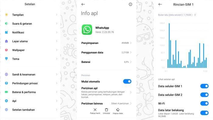Ilustrasi langkah perizinan pemakaian data di latar belakang untuk aplikasi WhatsApp