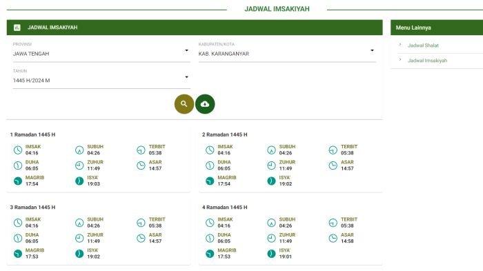 Tampilan jadwal imsakiyah Ramadhan 2024 di laman Bimas Islam Kemenag RI