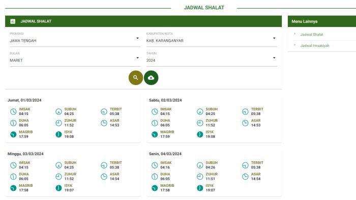 Tampilan jadwal sholat di laman Bimas Islam Kemenag RI