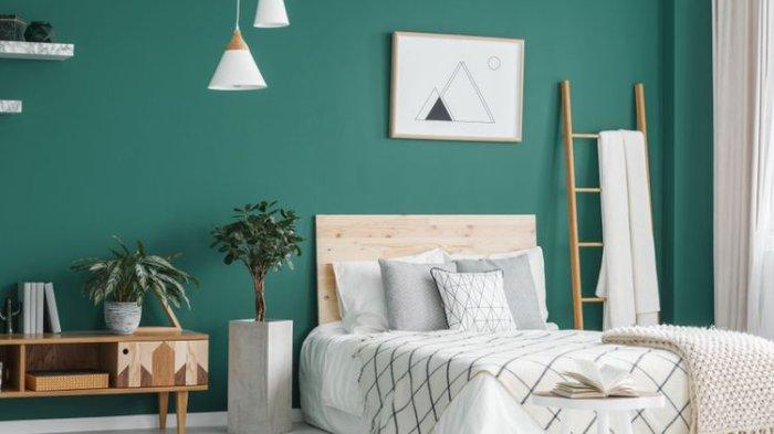 Ilustrasi kamar dengan cat berwarna hijau tua, cocok untuk rumah model minimalis.