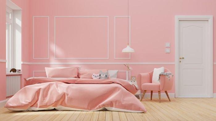 Ilustrasi kamar tidur dengan nuansa warna pink.