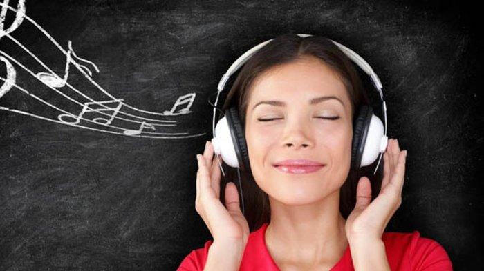 Ilustrasi mendengarkan musik dengan headset.