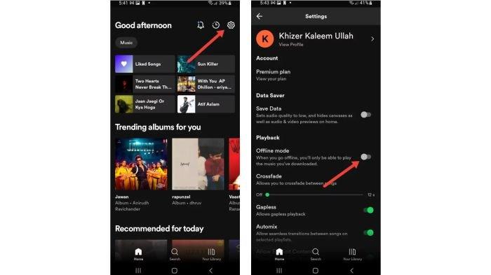 Tampilan untuk mematikan dan menyalakan mode Offline di Spotify