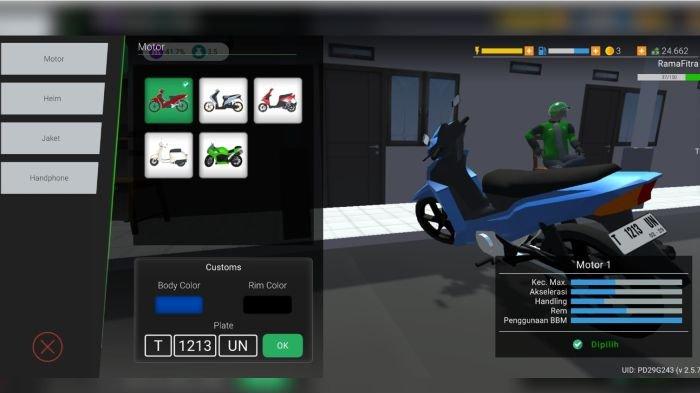 Pilihan motor di Ojol The Game yang dapat diganti warna bodi dan roda, serta plat kendaraannya