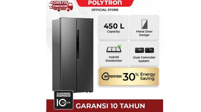 POLYTRON Kulkas 2 Pintu Side By Side 450 liter PRS 455S hadir dengan pendinginan andal.