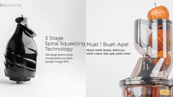 ECOHOME Slow Juicer ESJ-999BM dirancang dengan big mouth untuk permudah peras buah tanpa banyak memotong serta batu penggiling berkualitas