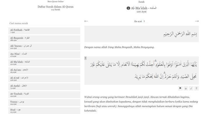 Tampilan Al Quran online di QuranWeb