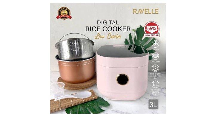 RAVELLE Low Carbo Rice Cooker dengan tampilan elegan serta berbagai pilihan warna.