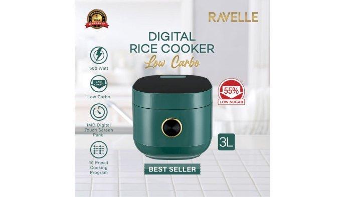 RAVELLE Rice Cooker Digital Low Carbo 3 Liter dirancang dengan kemampuan handal untuk hasilkan nasi sehat dan beragam menu lezat.