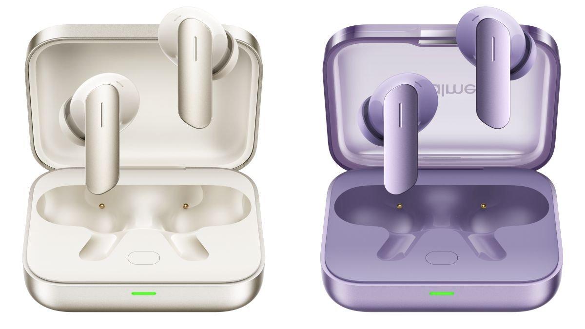realme Buds Air7 dalam varian warna Gading Emas dan Ungu Lavender