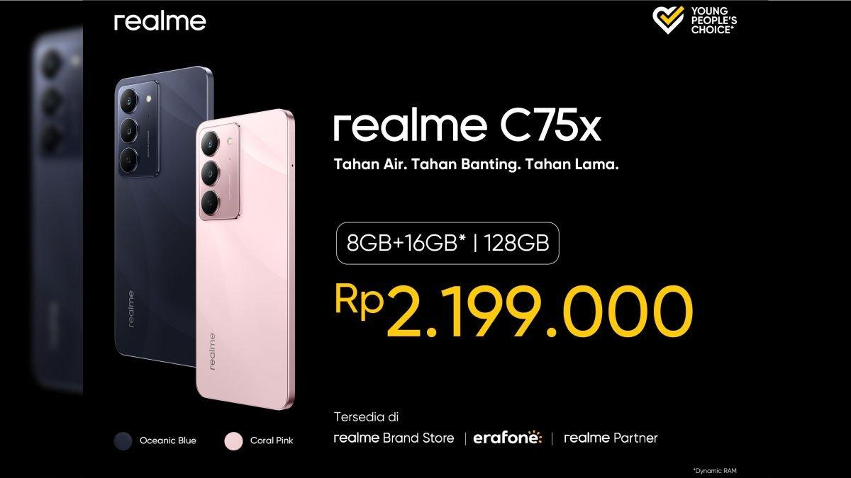 Di Tanah Air, realme C75x resmi dipasarkan dengan harga Rp 2.199.000 dengan memori 8 GB/ 128 GB
