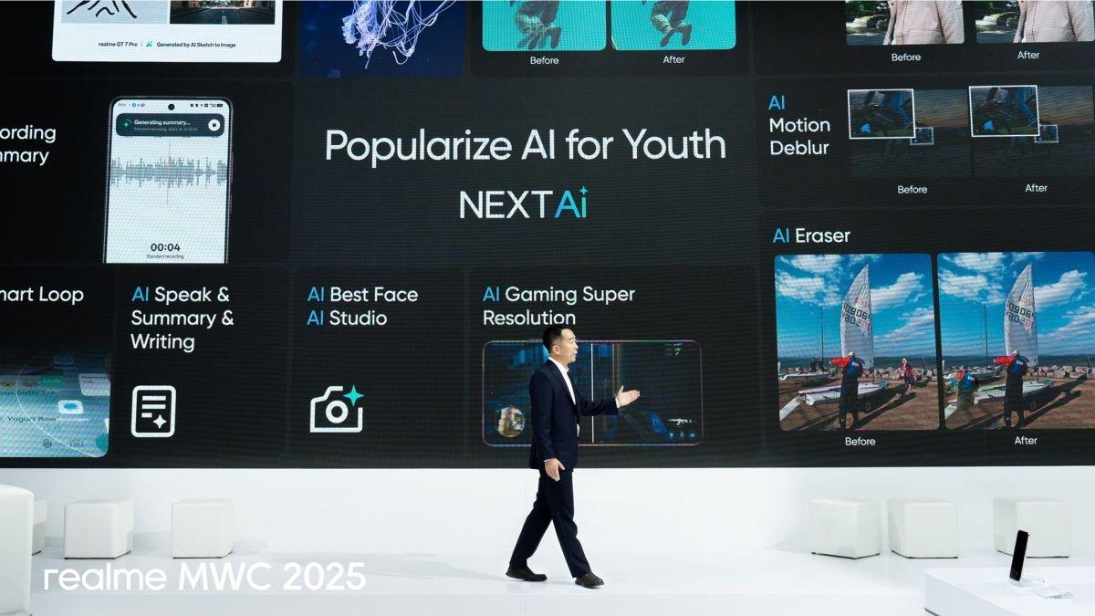 Ilustrasi serangkaian fitur AI yang diperkenalkan realme di MWC 2025