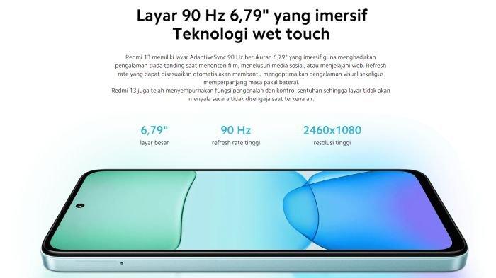 Layar Redmi 13 didukung resolusi Full HD Plus, serta dihias poni punch hole