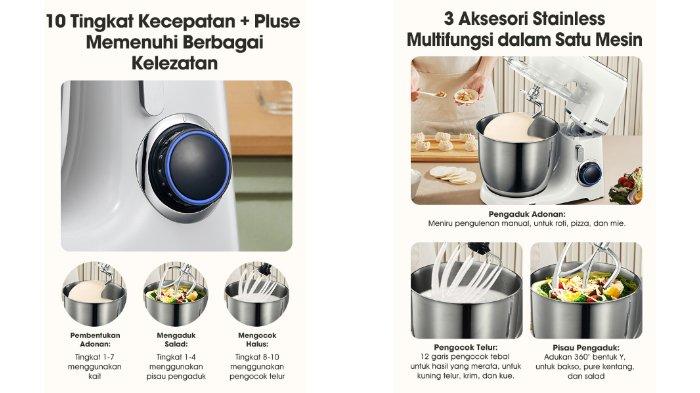 SAMONO Stand Mixer 5 Liter SW-KM550 punya 10 kecepatan dan 3 fungsi dalam 1 alat.