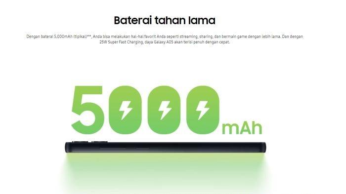 SAMSUNG Galaxy A05 punya baterai 5000 mAh dengan fast charging 25 watt