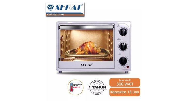 SEKAI Oven OV 180 dengan pengaturan suhu hingga 250 derajat celcius sehingga kematangan merata ke berbagai sisi.