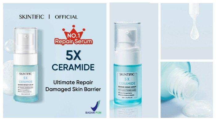 SKINTIFIC 5x Ceramide Barrier Repair Serum hadir dengan konsistensi liquid berwana putih.