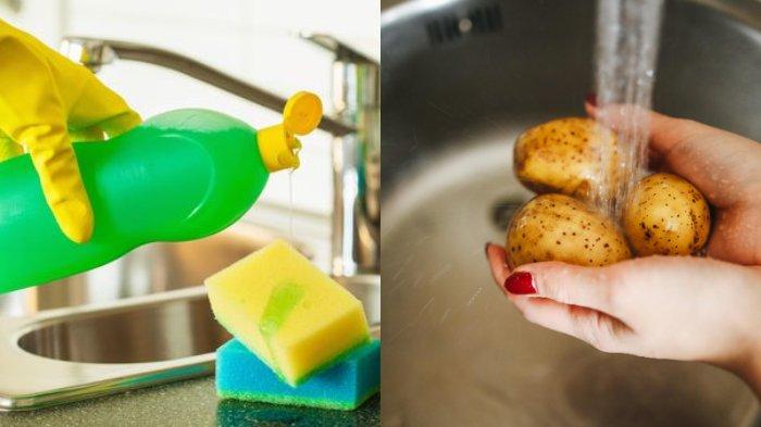 Ilustrasi sabun cuci piring dan kentang yang bisa digunakan untuk menghilangkan karat