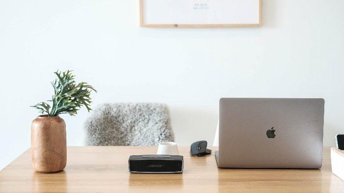 Ilustrasi pemakaian speaker bluetooth untuk menemani aktivitas bekerja pengguna dengan laptop