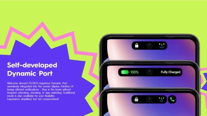TECNO POP 8 punya layar dengan dukungan refresh rate 90 Hz dan fitur Dynamic Port