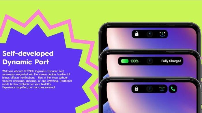 Ilustrasi layar TECNO SPARK 20C berponi punch hole yang didukung fitur Dynamic Port