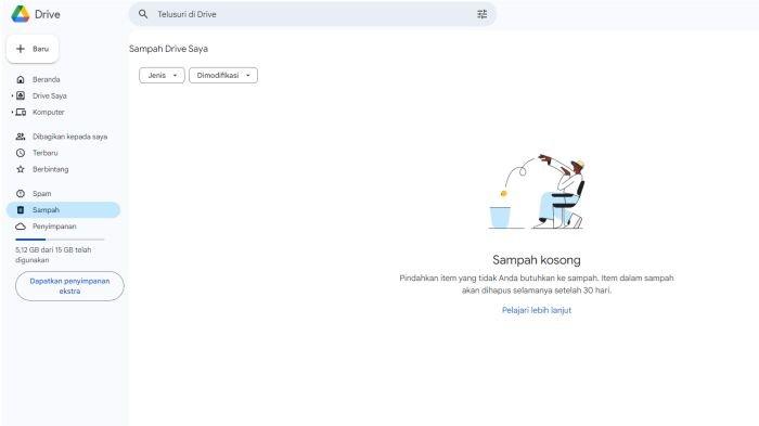 Ilustrasi mengosongkan folder Trash atau Kotak Sampah di Google Drive