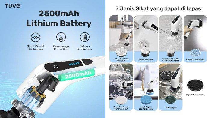 TUVE Spin Scrubber Sikat Pembersih hadir dengan 7 jenis sikat dan baterai kapasitas besar.