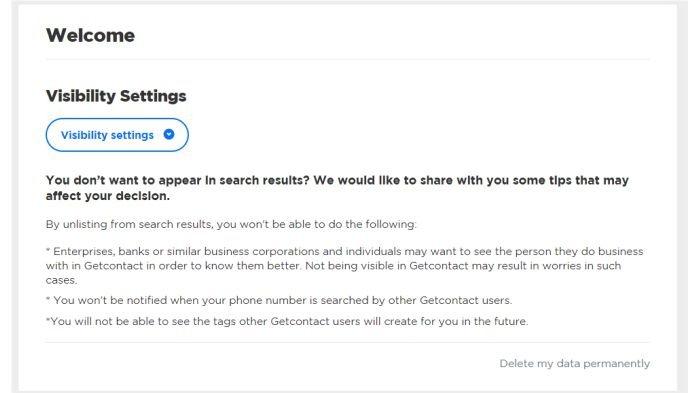 Opsi Visibility Settings di Getcontact