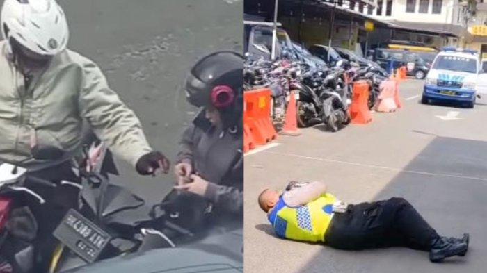 POLISI PALAK WANITA. Kolase aksi pemalakan yang dilakukan oknum polisi dan hukuman guling-guling di aspal. Aiptu Rudi Hartono, seorang anggota kepolisian, dihukum dengan cara berguling-guling di aspal setelah videonya yang menunjukkan aksi pemalakan terhadap pengendara sepeda motor viral di media sosial.