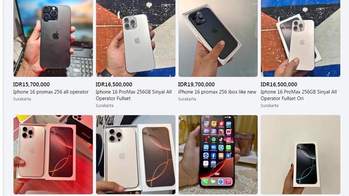ETALASE MARKETPLACE FACEBOOK - Daftar harga pasaran iPhone bekas pada Rabu (30/7/2025) di marketplace Facebook area Solo Raya, Jawa Tengah, Berikut pasaran harga iPhone bekas di Solo Raya untuk referensi. (Facebook)