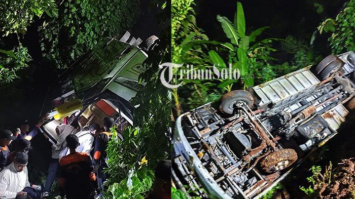 TERJUN KE JURANG. Bus rombongan pengajian asal Sukoharjo yang terguling di Pracimantoro, Senin (17/3/2025). Satu orang meninggal dunia dan 6 luka-luka.
