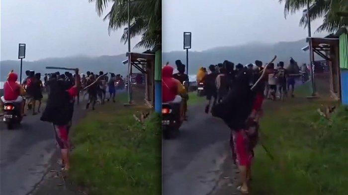 EMAK-EMAK USIR MOTOR :Tangkapan layar emak-emak yang menghalau pemotor berknalpot brong menggunakan bambu di Rowo Jombor, Kabupaten Klaten, Minggu (9/3/2025). Video itu viral di media sosial dan diposting oleh @infocegatanklaten.