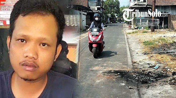 KOLASE FOTO : Sosok Faesal, anak pemilik sepeda motor yang dibakar suporter setelah laga Persis Solo vs PSIS Semarang, Minggu (17/9/2023) (kiri), Pemotor melewati lokasi pembakaran sepeda motor milik warga Purwogondo Kartasura, Sukoharjo, Minggu (17/9/2023) (kanan).